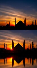 Fototapeta premium Sunset over mosque silhouette landscape.