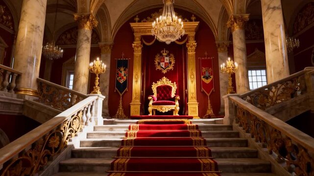 Starting camera advancing, revealing throne and red carpet staircase in throne hall to show gilding
