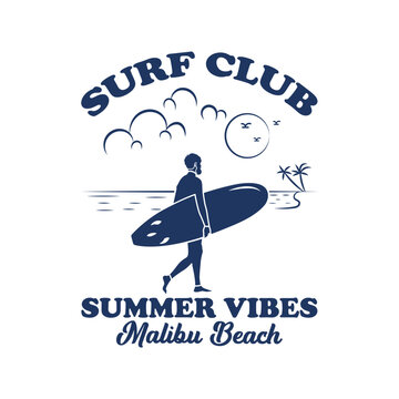 Surf club Malibu beach surfer beach graphic design for t shirt, badge, patch etc.