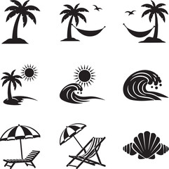Obraz premium Minimalist Tropical Beach Vector Set with Palm Trees, Sun, Waves, and Summer Essentials