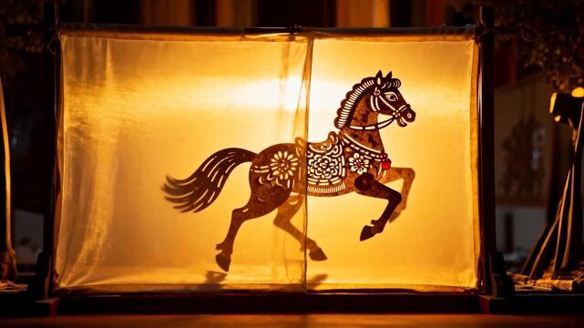 Trotting ornate horse shadow puppet moving legs across fabric screen on stage, lamp driving show
