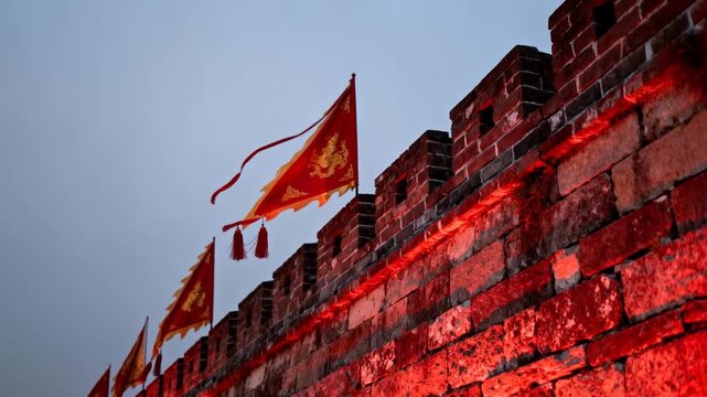 Waving red banners and tassels brick wall at fort moving in wind, glowing from red uplight