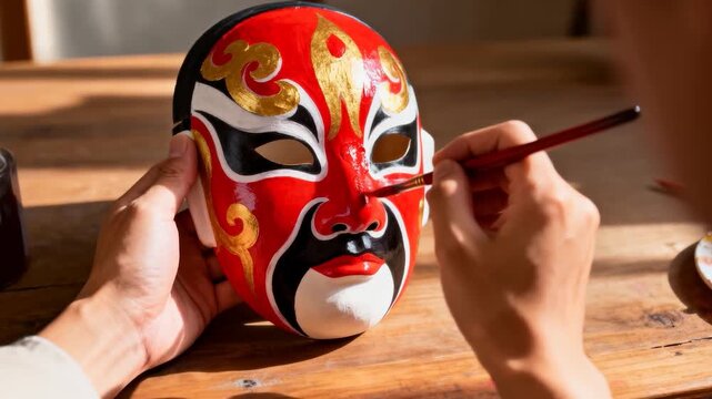 Bringing brush, artist hands tracing mask eye at bench wearing gray and maroon sleeves, detailing