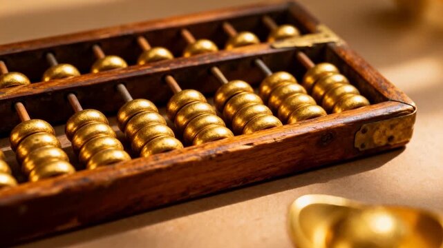 Showing wooden abacus sitting on beige surface, camera shifting focus lighting gold beads and ingot