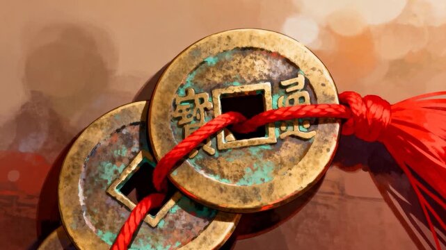 Zooming camera revealing three cash coins on red cord on warm tabletop, showing patina, tassel