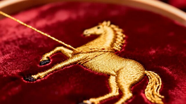 Approaching needle pulling gold thread, securing satin stitches on velvet hoop, forming horse motif