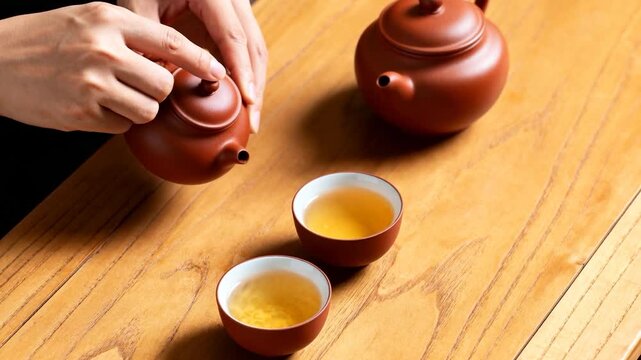 Tilting brown teapot, hands holding lid pouring amber tea into two cups at wooden table, serving