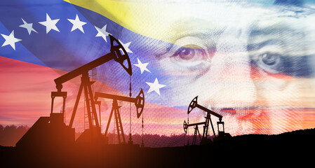 The change in oil prices. Oil price cap concept. Oil pump on background of US dollar and Venezuela flag.