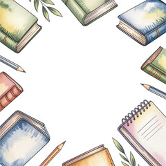 Hand drawn watercolor border frame made from various books and office supplies
