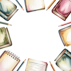 Hand drawn watercolor border frame made from various books and office supplies
