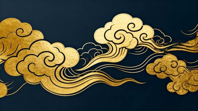Animation starting gold cloud band, ribbon lines shifting right on navy canvas, showing gold-leaf