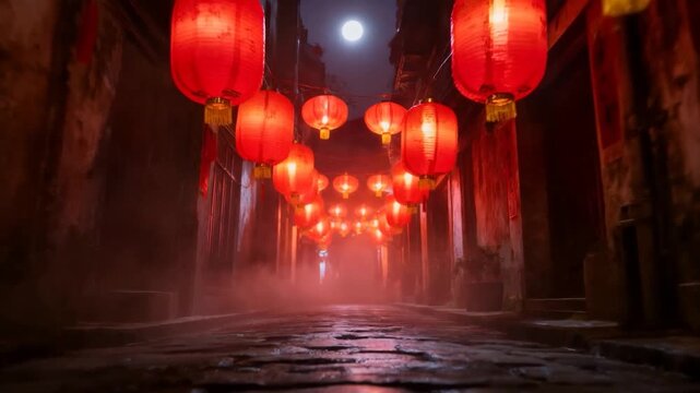 Panning camera from low angle revealing red lanterns down cobbled alley toward moonlit end with fog