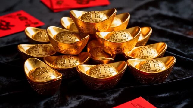 Pushing in camera capturing stacked gold sycees on dark velvet cloth, revealing red envelopes