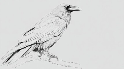 Fototapeta premium Detailed Sketch of a Raven Perched on a Branch in Monochrome