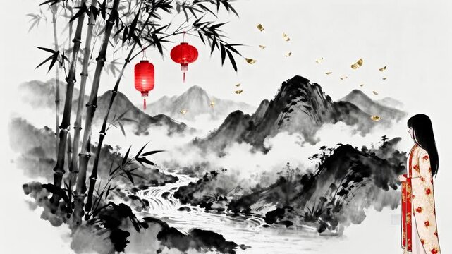 Emerging woman in red robe entering from right into mountain river bamboo gold drifting observing