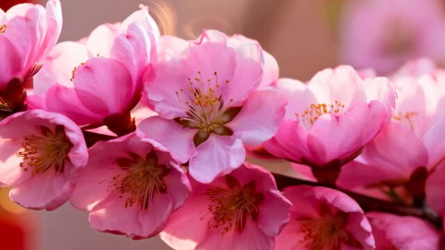 Camera refocusing revealing flowering branch opening pink blossoms in garden, bokeh showing bloom