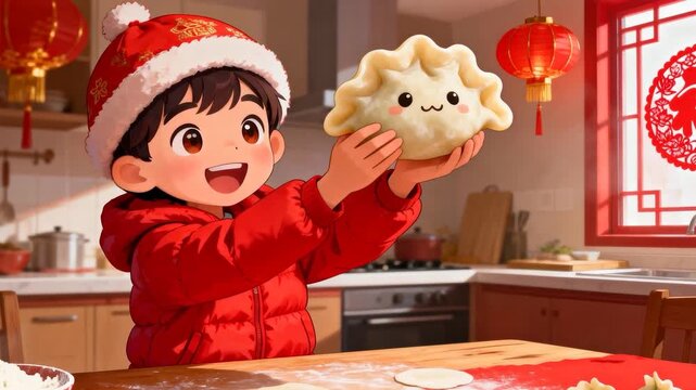 Shaping dough child in red puffer jacket holding cartoon dumpling at kitchen table for New Year