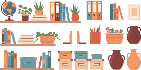 Colorful bookshelf and office shelf decor vector set with books, plants, binders, boxes and workspace accessories © Lunavera art