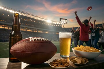 American Football Game Day: Beer, Snacks & Cheering Fans at Stadium