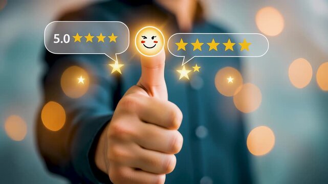Happy client showing positive thumb up for service satisfaction. Excellence 5 star rating feedback for business quality guarantee. Best product review result with trustworthy approval sign.