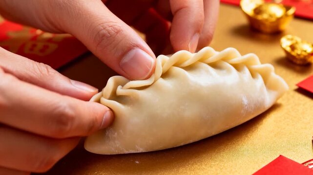 Pinching hands starting pleating dumpling seam on gold mat for festival with red hongbao and ingots