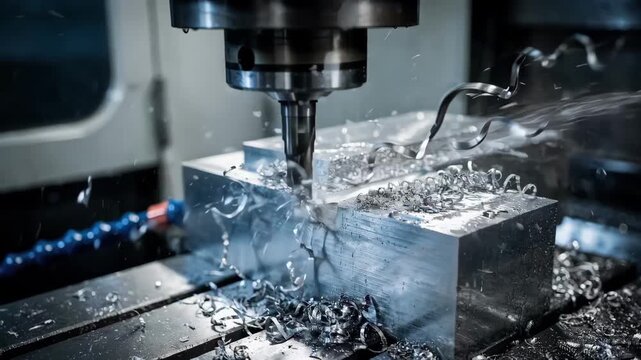 Medium closeup of a CNC machine threading a metal block focusing on dynamic movement and metal shavings during active cutting with coolant spray.