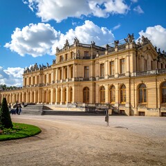 Obraz premium Large ornate building with columns, steps, and arched windows under a partly cloudy sky. People are visible