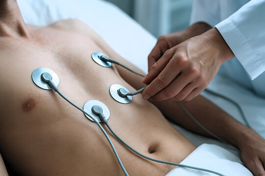 Medical professional applying EKG electrodes to a patient's chest for a cardiac stress test or heart monitoring