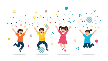 Fototapeta premium Group of four happy children jumping and cheering amidst a shower of colorful confetti and geometric shapes at a party.
