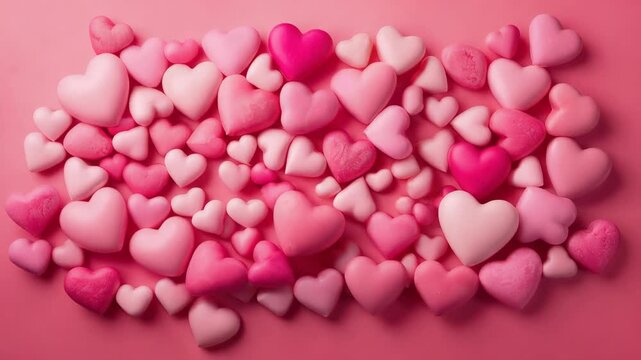 Shifting hearts drifting inward on pastel pink tabletop from gentle nudge, gathering densely