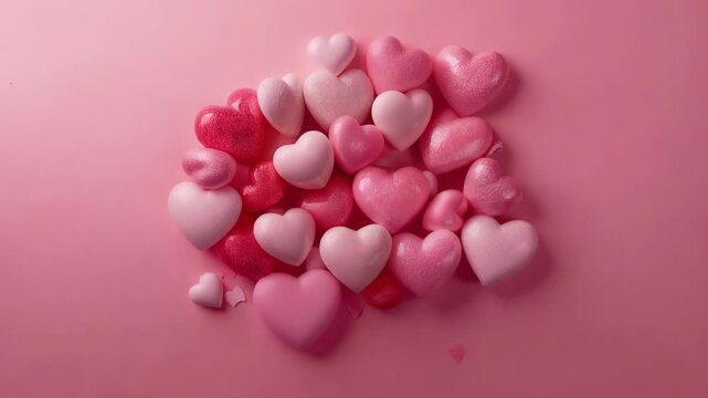 Shifting heart-shaped pieces gathering toward center on pink tabletop, with scattered confetti
