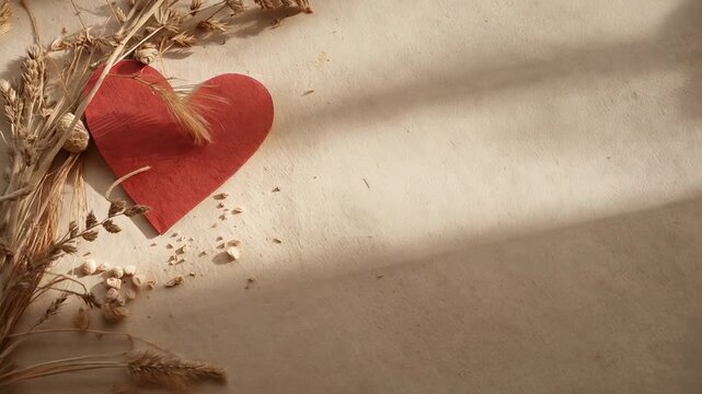 Drifting sunlight across beige paper handcut red paper heart receiving wheat stalks, copy space