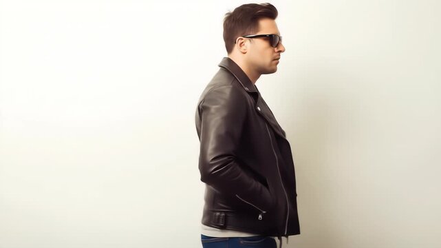 A confident man wearing a black leather jacket, sunglasses, and blue jeans, standing with hands in pockets against a plain white background.