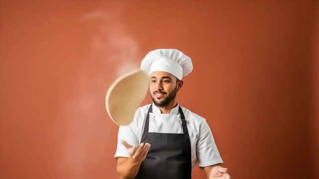 A focused male chef wearing a white uniform and toque, expertly spins and tosses a ball of raw pizza dough high into the air. The warm, brown, textured backdrop highlights the motion.