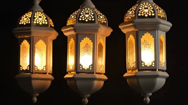 Three White Islamic Lanterns with Golden Ornaments and Glowing Lights, Slow Motion, Dark Background, Ramadan and Eid Celebration