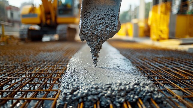 Construction workers pour concrete on a building site during daytime in a busy urban area