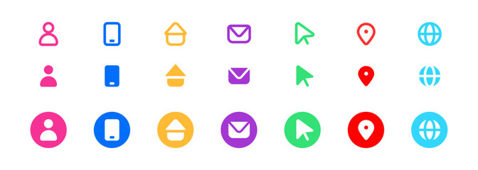 Set of colorful contact and navigation icons user profile, phone, home, email, cursor, location pin, and globe in various styles