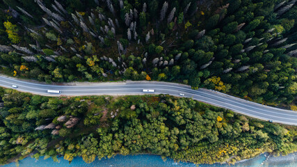 Naklejka premium A car driving along a mountain road in an autumn forest, seen from a drone