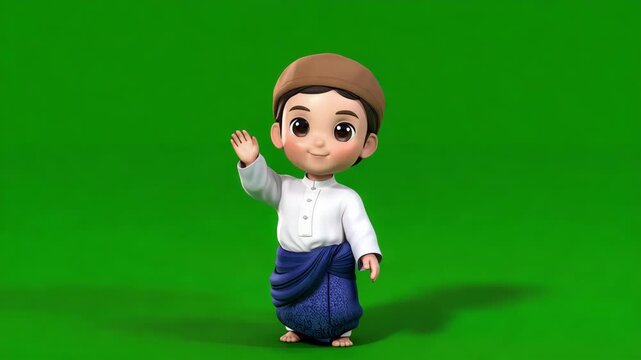 Cute 3D Cartoon Character in Traditional Attire on Green Background