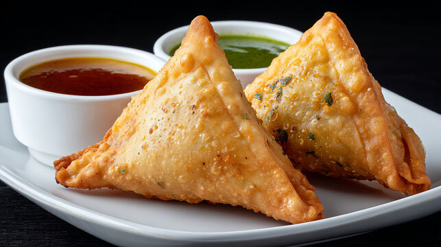 Two crispy samosas on a white plate with dipping sauces behind them