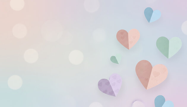 Minimal pastel background with floating papercraft hearts, soft romantic concept