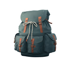 A green backpack with brown leather accents is shown on a transparent background