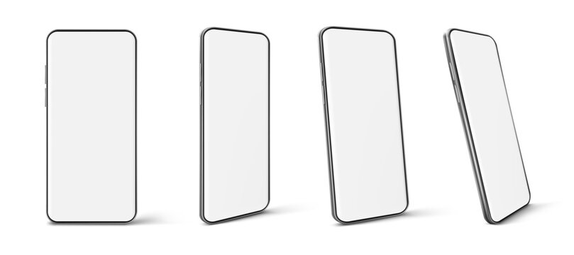 Set of four modern smartphones with blank white screens in different angles, isolated on white background