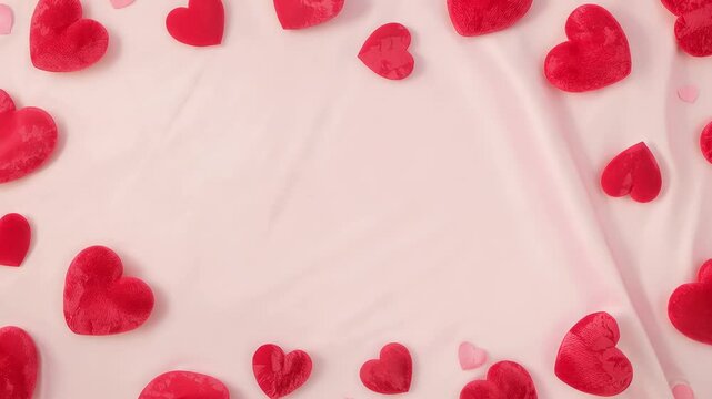 Moving diagonal crease starting upper-left across pink backdrop, shifting red hearts and confetti