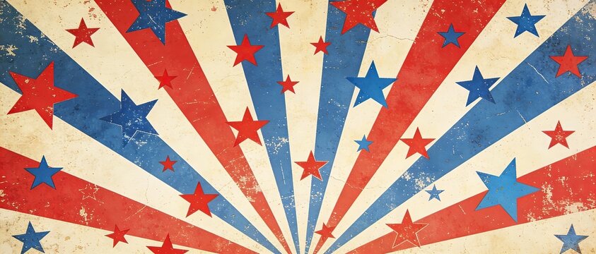 Retro starburst pattern with red and blue stars, vintage American-style background.