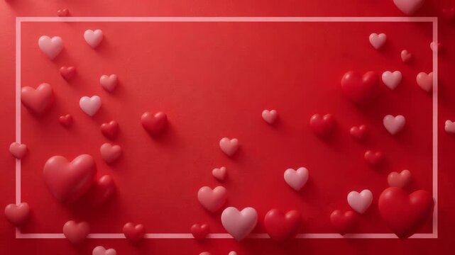 Opening pale rectangle frame revealing 3D hearts sliding, forming pile on red backdrop with shadow