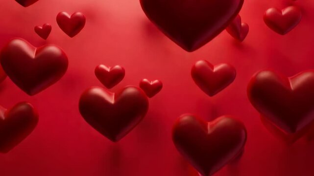 Animation starting, glossy 3D hearts clustering from edges into studio red front, adding depth