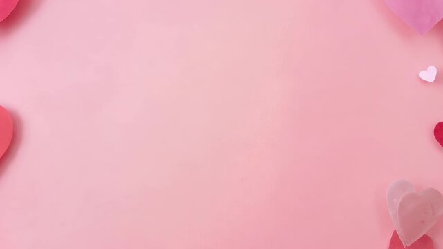 Camera panning, paper heart border shifting to reveal wide pink center on pink paper with confetti
