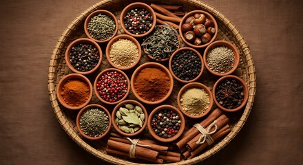 Assorted spices and herbs in clay bowls on woven tray, ideal for culinary, recipe, and food culture promotion