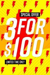 3 for $100, Sale poster design template, special offer